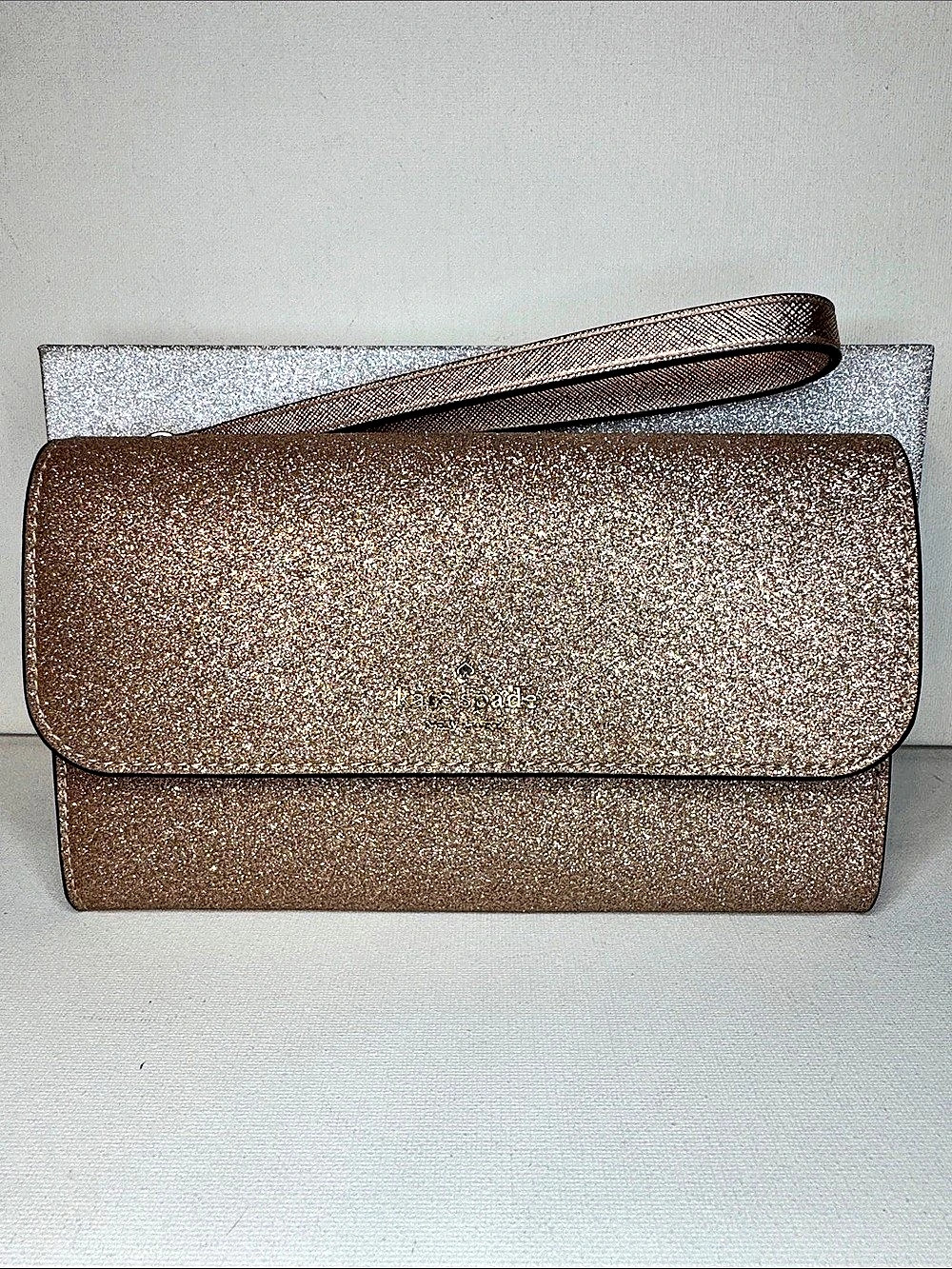 Kate Spade Tinsel Glitter Rose Gold Medium Flap Phone Wristlet Wallet
